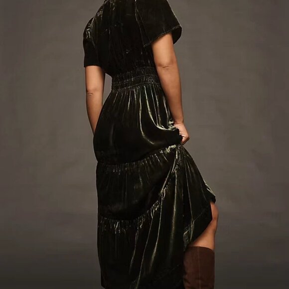 New Anthropologie The Somerset Maxi Dress: Velvet Edition Dark Green L - Picture 2 of 7